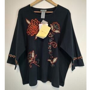 Indigo Moon Black Round Neck 3/4 Sleeve Embroidered T-shirt Size 3X